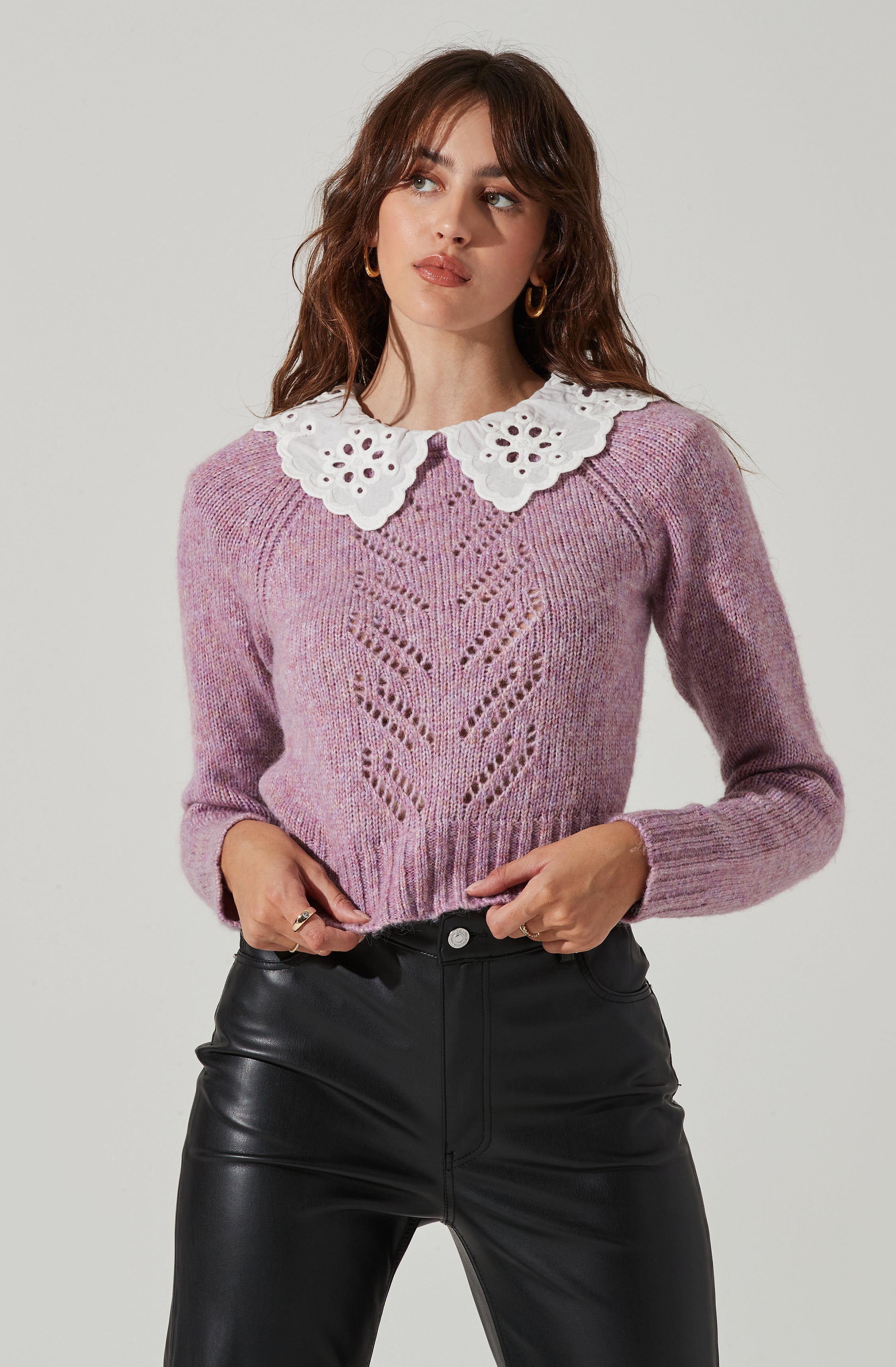 Embroidered Collar Sweater - Purple / XS