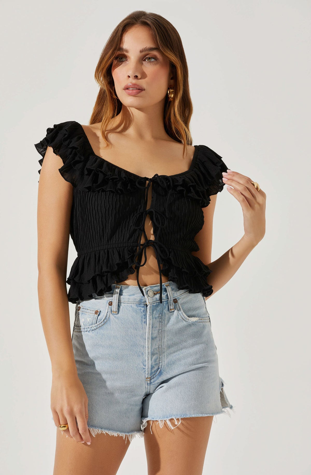 Tiered Ruffle Sleeve Tie Front Top